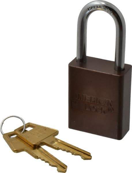 American Lock - Keyed Alike Conductive Lockout Padlock - 1-1/2" Shackle Clearance, 1/4" Shackle Diam, 1.8" Body Height x 1-1/2" Body Width, Brown, 5 Pins - Apex Tool & Supply