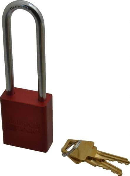 American Lock - Keyed Alike Conductive Lockout Padlock - 3" Shackle Clearance, 1/4" Shackle Diam, 1.8" Body Height x 1-1/2" Body Width, Red, 5 Pins - Apex Tool & Supply