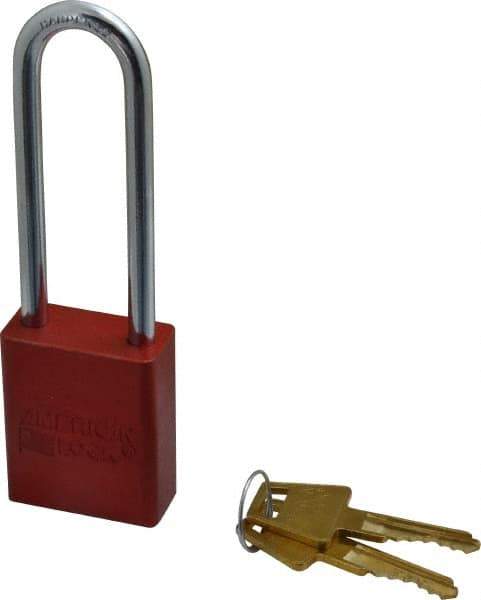 American Lock - Keyed Alike Conductive Lockout Padlock - 3" Shackle Clearance, 1/4" Shackle Diam, 1.8" Body Height x 1-1/2" Body Width, Red, 5 Pins - Apex Tool & Supply