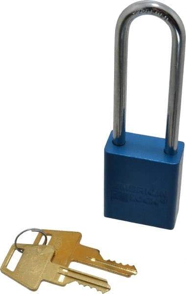 American Lock - Keyed Different Conductive Lockout Padlock - 3" Shackle Clearance, 1/4" Shackle Diam, 1.8" Body Height x 1-1/2" Body Width, Blue, 5 Pins - Apex Tool & Supply