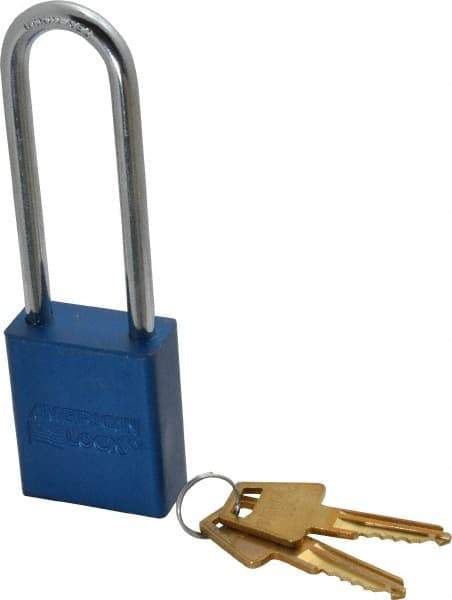 American Lock - Keyed Alike Conductive Lockout Padlock - 3" Shackle Clearance, 1/4" Shackle Diam, 1.8" Body Height x 1-1/2" Body Width, Blue, 5 Pins - Apex Tool & Supply