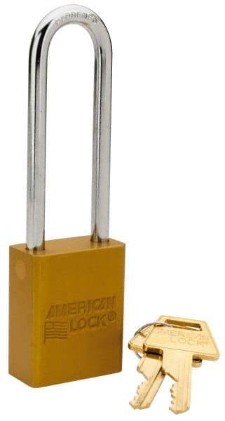 American Lock - Keyed Different Conductive Lockout Padlock - 3" Shackle Clearance, 1/4" Shackle Diam, 1.8" Body Height x 1-1/2" Body Width, Yellow, 5 Pins - Apex Tool & Supply