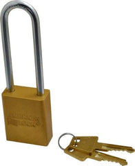American Lock - Keyed Alike Conductive Lockout Padlock - 3" Shackle Clearance, 1/4" Shackle Diam, 1.8" Body Height x 1-1/2" Body Width, Yellow, 5 Pins - Apex Tool & Supply