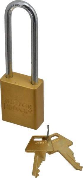 American Lock - Keyed Alike Conductive Lockout Padlock - 3" Shackle Clearance, 1/4" Shackle Diam, 1.8" Body Height x 1-1/2" Body Width, Yellow, 5 Pins - Apex Tool & Supply