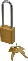 American Lock - Keyed Alike Conductive Lockout Padlock - 3" Shackle Clearance, 1/4" Shackle Diam, 1.8" Body Height x 1-1/2" Body Width, Yellow, 5 Pins - Apex Tool & Supply