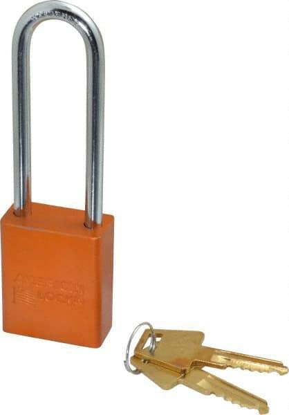 American Lock - Keyed Alike Conductive Lockout Padlock - 3" Shackle Clearance, 1/4" Shackle Diam, 1.8" Body Height x 1-1/2" Body Width, Orange, 5 Pins - Apex Tool & Supply