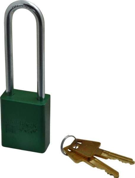 American Lock - Keyed Alike Conductive Lockout Padlock - 3" Shackle Clearance, 1/4" Shackle Diam, 1.8" Body Height x 1-1/2" Body Width, Green, 5 Pins - Apex Tool & Supply
