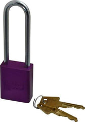 American Lock - Keyed Alike Conductive Lockout Padlock - 3" Shackle Clearance, 1/4" Shackle Diam, 1.8" Body Height x 1-1/2" Body Width, Purple, 5 Pins - Apex Tool & Supply