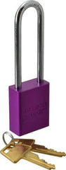 American Lock - Keyed Alike Conductive Lockout Padlock - 3" Shackle Clearance, 1/4" Shackle Diam, 1.8" Body Height x 1-1/2" Body Width, Purple, 5 Pins - Apex Tool & Supply