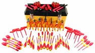 66 Piece - Insulated Tool Set with Pliers; Cutters; Nut Drivers; Screwdrivers; T Handles; Knife; Sockets & 3/8" Drive Ratchet w/Extension; Adjustable Wrench - Apex Tool & Supply