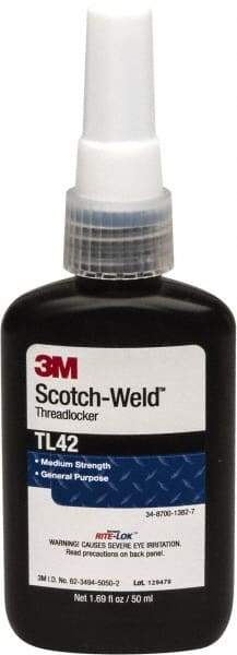 3M - 50 mL Bottle, Blue, Medium Strength Liquid Threadlocker - Series TL42, 24 hr Full Cure Time, Hand Tool Removal - Apex Tool & Supply