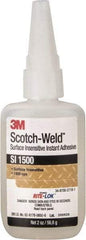 3M - 2 oz Bottle Clear Instant Adhesive - Series SI1500, 5 to 60 sec Working Time, 24 hr Full Cure Time, Bonds to Cardboard, Ceramic, Fabric, Fiberglass, Foam, Glass, Leather, Metal, Paper, Plastic, Rubber, Vinyl & Wood - Apex Tool & Supply