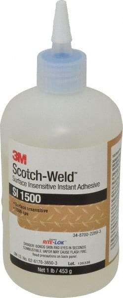 3M - 1 Lb Bottle Clear Instant Adhesive - Series SI1500, 5 to 60 sec Working Time, 24 hr Full Cure Time, Bonds to Cardboard, Ceramic, Fabric, Fiberglass, Foam, Glass, Leather, Metal, Paper, Plastic, Rubber, Vinyl & Wood - Apex Tool & Supply