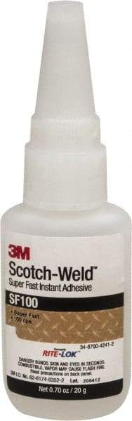 3M - 0.71 oz Bottle Clear Instant Adhesive - Series SF100, 3 to 30 sec Working Time, 24 hr Full Cure Time, Bonds to Cardboard, Ceramic, Fabric, Fiberglass, Foam, Glass, Leather, Metal, Paper, Plastic, Rubber, Vinyl & Wood - Apex Tool & Supply