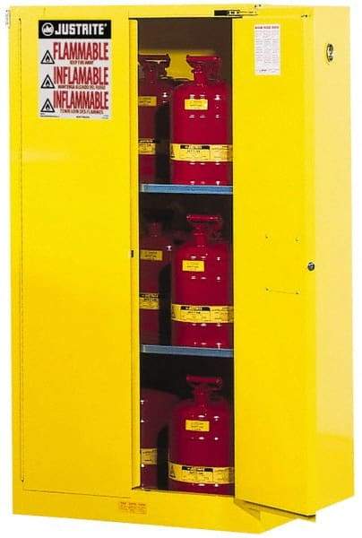 Justrite - 2 Door, 2 Shelf, Yellow Steel Standard Safety Cabinet for Flammable and Combustible Liquids - 65" High x 34" Wide x 34" Deep, Self Closing Door, 3 Point Key Lock, 60 Gal Capacity - Apex Tool & Supply