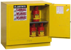 Justrite - 2 Door, 1 Shelf, Yellow Steel Under the Counter Safety Cabinet for Flammable and Combustible Liquids - 35" High x 35" Wide x 22" Deep, Self Closing Door, 22 Gal Capacity - Apex Tool & Supply
