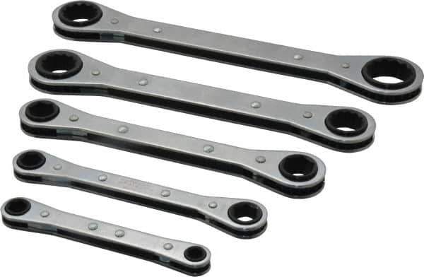 Lang - 5 Piece, 1/4 to 7/8", 12 Point, Ratcheting Box Wrench Set - Inch System of Measurement, Chrome Finish, Comes in Vinyl Roll - Apex Tool & Supply