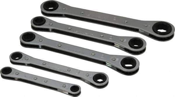 Lang - 5 Piece, 7 to 17mm, Ratcheting Box Wrench Set - Metric System of Measurement, Chrome Finish, Comes in Vinyl Roll - Apex Tool & Supply