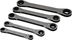 Lang - 5 Piece, 7 to 17mm, Ratcheting Box Wrench Set - Metric System of Measurement, Chrome Finish, Comes in Vinyl Roll - Apex Tool & Supply