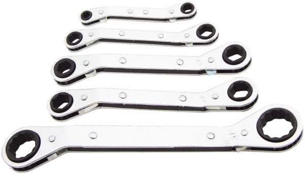 Lang - 5 Piece, 1/4 x 5/16 to 3/4 x 7/8", Ratcheting Box Wrench Set - Inch System of Measurement, Chrome Finish, Comes in Vinyl Roll - Apex Tool & Supply