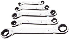 Lang - 5 Piece, 7 x 8 to 15 x 17mm, Ratcheting Box Wrench Set - Metric System of Measurement, Chrome Finish, Comes in Vinyl Roll - Apex Tool & Supply