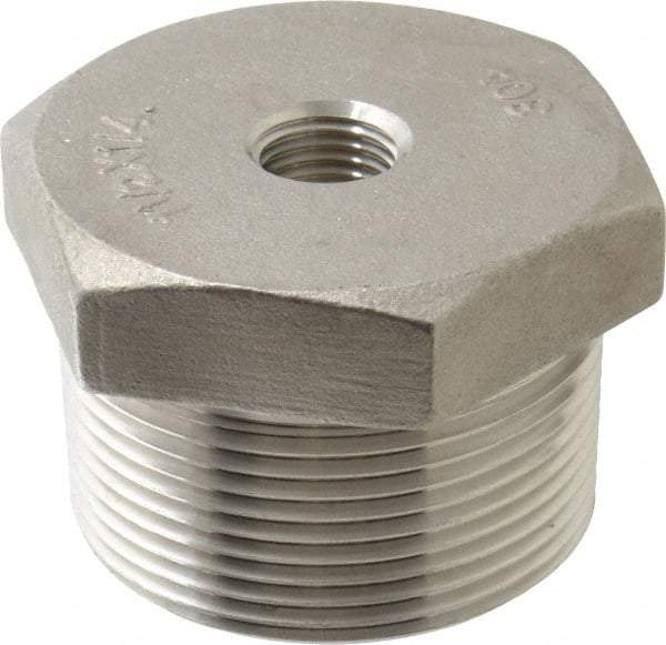 Merit Brass - 1-1/2 x 1/4" Grade 304 Stainless Steel Pipe Hex Bushing - MNPT x FNPT End Connections, 150 psi - Apex Tool & Supply