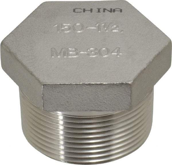 Merit Brass - 1-1/2" Grade 304 Stainless Steel Pipe Hex Head Plug - MNPT End Connections, 150 psi - Apex Tool & Supply