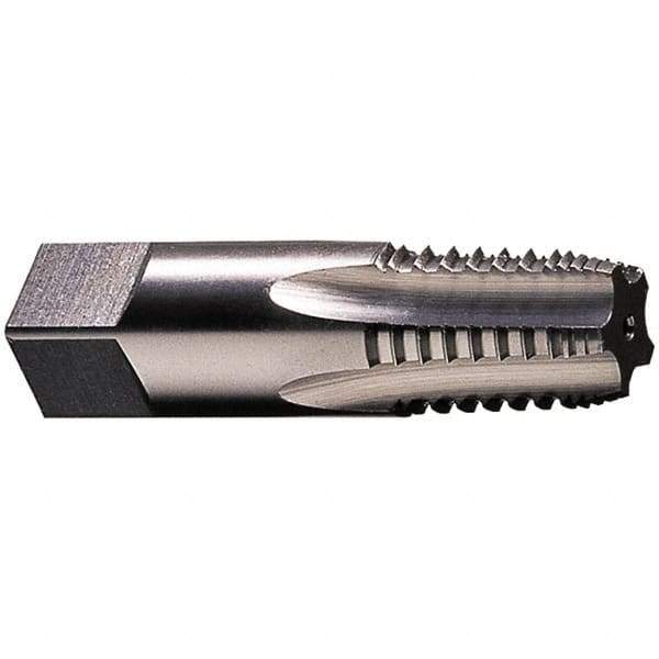 Made in USA - 3/8-18 NPT, 5 Flutes, Bright Finish, High Speed Steel, Interrupted Thread Pipe Tap - 2-9/16 Inch Overall Length, 0.7 Inch Shank Diameter, 1-1/16 Inch Thread Length, 0.53 Inch Square Size, Regular Hook, Taper Chamfer, Series 3182 - Apex Tool & Supply