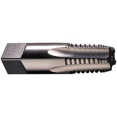 Made in USA - 3/8-18 NPT, 5 Flutes, Bright Finish, High Speed Steel, Interrupted Thread Pipe Tap - 2-9/16 Inch Overall Length, 0.7 Inch Shank Diameter, 1-1/16 Inch Thread Length, 0.53 Inch Square Size, Regular Hook, Taper Chamfer, Series 3182 - Apex Tool & Supply
