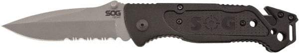 SOG Specialty Knives - 3-13/32" Blade, 8.2" OAL, Partially Serrated Clip Point Folding Knife - 4.8" Closed Length, Plastic, 1 Blade, 1 Edge - Apex Tool & Supply