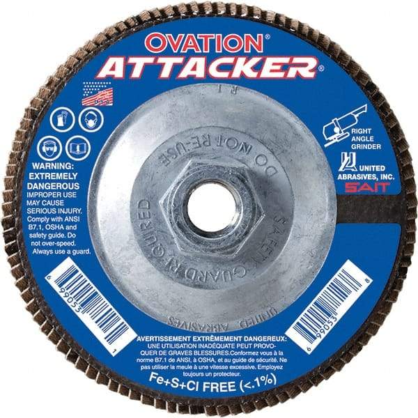 Sait - 40 Grit, 5" Disc Diam, 5/8-11 Center Hole, Type 27 Zirconia Alumina Flap Disc - 12,200 Max RPM, Fiberglass Backing, Arbor Attaching System, Coated - Apex Tool & Supply