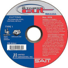 Sait - 6" Aluminum Oxide Cutoff Wheel - 0.045" Thick, 7/8" Arbor, 10,200 Max RPM, Use with Angle Grinders - Apex Tool & Supply