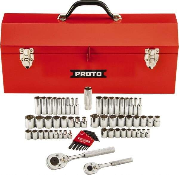 Proto - 63 Piece 1/4" & 3/8" Drive Full Polish Finish Deep Well Impact Socket Set - 6, 12 Points, 1/4" to 3/4" (5mm to 18mm) Range, Inch/Metric Measurement Standard - Apex Tool & Supply