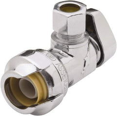 SharkBite - 1/2 & 1/4" Pipe, 200 psi WOG Rating, Brass Angle Stop Valve - Chrome Finished Handle, Push Fit End Connections, For Potable Water Applications - Apex Tool & Supply