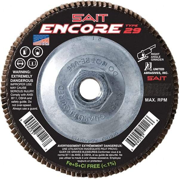 Sait - 36 Grit, 7" Disc Diam, 5/8-11 Center Hole, Type 27 Zirconia Alumina Flap Disc - 8,500 Max RPM, Fiberglass Backing, Arbor Attaching System, Coated - Apex Tool & Supply