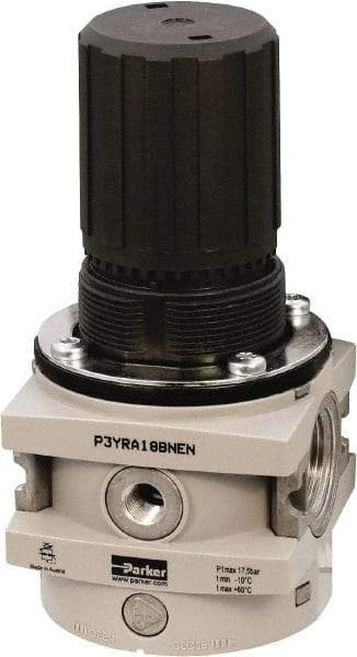 Parker - 1 NPT Port, 550 CFM, Aluminum Hi-Flow Regulator - 0 to 174 psi Range, 254 Max psi Supply Pressure, 1/4" Gauge Port Thread, 3-1/2" Wide x 7.2" High - Apex Tool & Supply