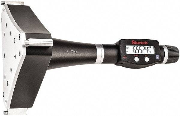 Starrett - 6" to 7", IP67, Carbide Face Electronic Inside Micrometer - 0.00005" Resolution, 0.0003" Accuracy, 4-1/2" Gage Depth - Apex Tool & Supply