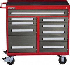 Proto - 10 Drawer Steel Tool Roller Cabinet - 45" Wide x 42-1/2" High x 21-3/8" Deep, Ball Bearing Drawer Slides, Safety Red/Gray - Apex Tool & Supply