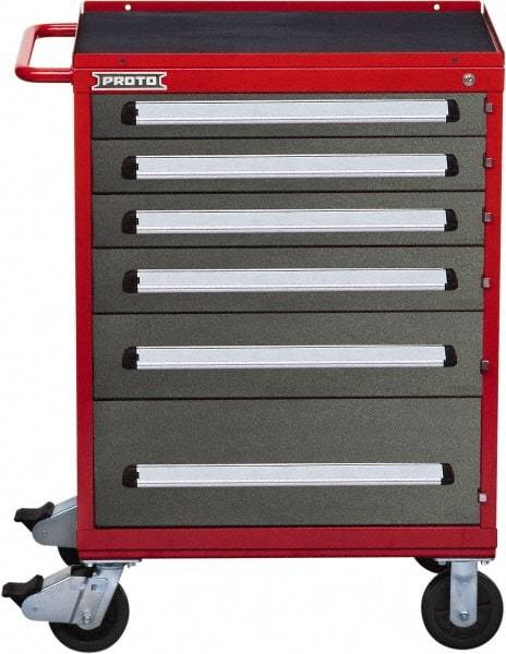 Proto - 6 Drawer Steel Tool Roller Cabinet - 30" Wide x 42-1/2" High x 21-3/8" Deep, Ball Bearing Drawer Slides, Safety Red/Gray - Apex Tool & Supply