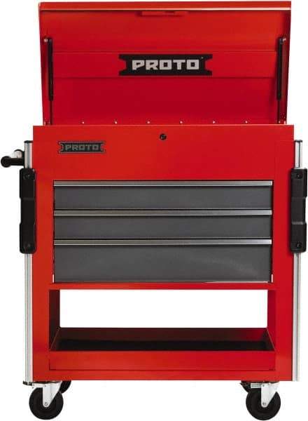 Proto - 3 Drawer Steel Tool Roller Cabinet - 37" Wide x 43" High x 20" Deep, Ball Bearing Drawer Slides, Safety Red/Gray - Apex Tool & Supply