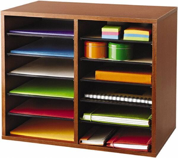 Safco - 19-1/2" Wide x 16" High x 12" Deep Fiberboard, Hardboard & Laminated Compressed Wood Document Organizer - 12 Compartments, Cherry, 9" Wide x 2-3/8" High x 11-1/2" Deep Compartment - Apex Tool & Supply
