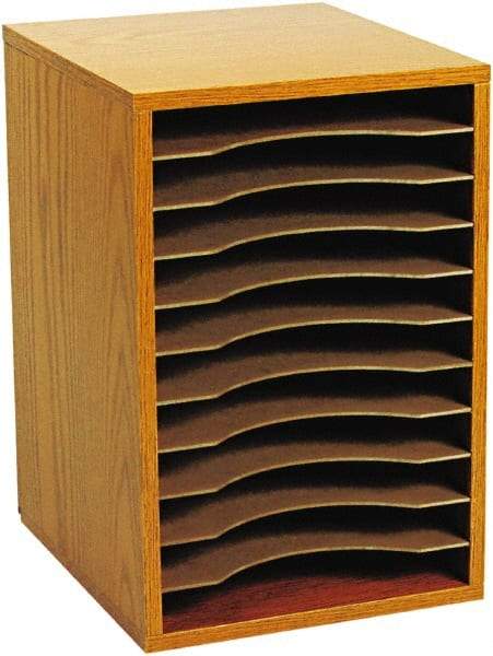 Safco - 10-3/4" Wide x 16" High x 12" Deep Fiberboard, Hardboard & Laminated Compressed Wood Document Organizer - 11 Compartments, Medium Oak, 9-1/2" Wide x 1-1/4" High x 11-5/8" Deep Compartment - Apex Tool & Supply