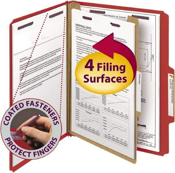SMEAD - 8-1/2 x 11", Letter Size, Bright Red, Classification Folders with Top Tab Fastener - 23 Point Stock, Right of Center Tab Cut Location - Apex Tool & Supply