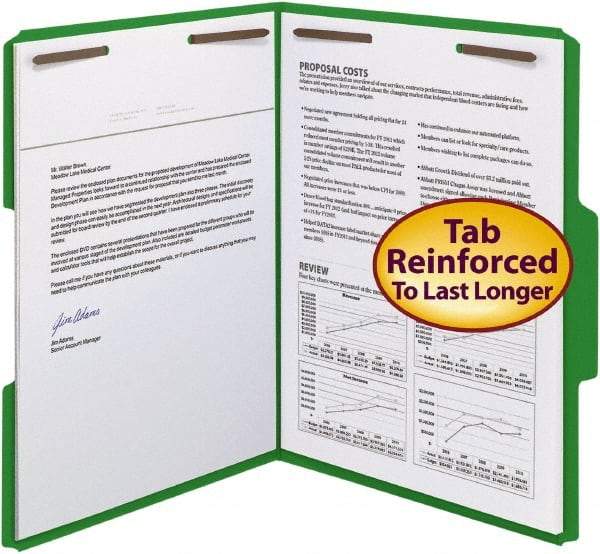 SMEAD - 8-1/2 x 11", Letter Size, Green, File Folders with Top Tab - 11 Point Stock, Assorted Tab Cut Location - Apex Tool & Supply