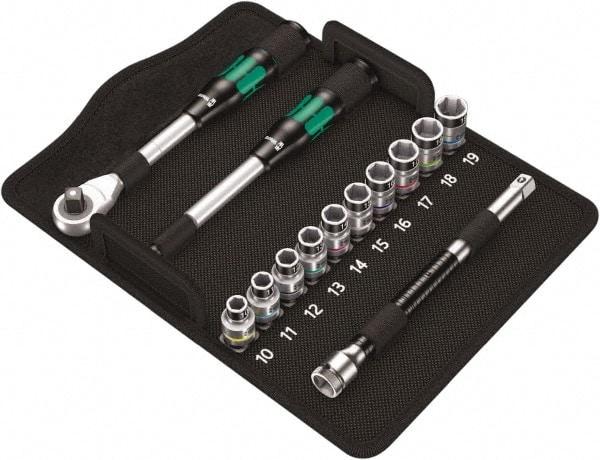 Wera - 13 Piece 1/2" Drive Thin Wall Standard Socket Set - 6 Points, 10 to 19mm, Metric Measurement Standard - Apex Tool & Supply
