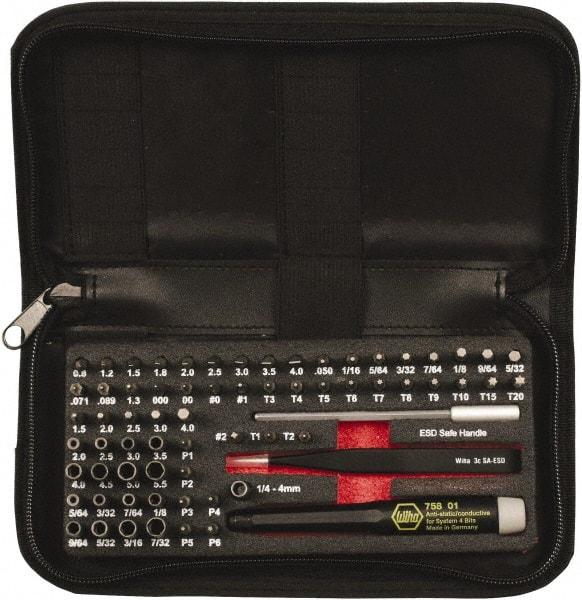 Wiha - 68 Piece, 4mm Drive Screwdriver Micro Bit Set - #000 to #2 Phillips, 0.7 to 4mm Hex, T1 to T20 Torx, 0.8, 1.2, 1.5, 1.8, 2, 2.5, 3, 3.5 & 4mm Slotted - Apex Tool & Supply