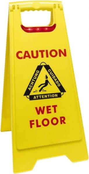 O-Cedar - Caution - Cuidado - Wet Floor - Piso Mojado, 12" Wide x 25" High, Plastic Floor Sign - English/Spanish, A-Frame, Red & Black on Yellow, For Accident Prevention - Apex Tool & Supply