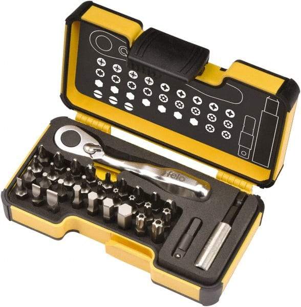 Felo - 33 Piece, 1/4" Drive Screwdriver Mini-Ratchet Bit Kit - #0 to #3 Phillips, 2 to 8mm Hex, T10 to T40 Torx, #1, #2 & #3 Pozidriv, 1/8, 5/32, 3/16, 7/32, 1/4 & 9/32" Slotted - Apex Tool & Supply