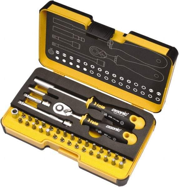 Felo - 36 Piece, 1/4" Drive Screwdriver Mini-Ratchet Bit Kit - #0 to #3 Phillips, 2 to 6mm Hex, T5 to T40 Torx, #1, #2 & #3 Pozidriv, 1/8, 5/32, 3/16, 7/32, 1/4 & 9/32" Slotted - Apex Tool & Supply