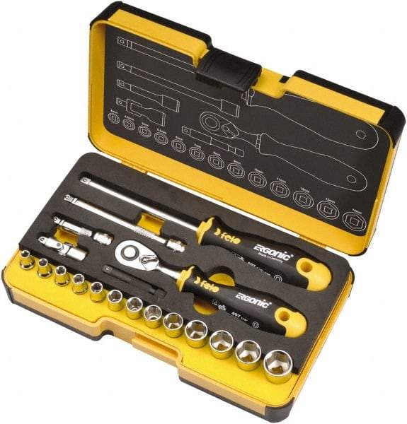 Felo - 19 Piece 1/4" Drive Chrome Finish Socket Set - 6 Points, 1/8" to 9/16" Range, Inch Measurement Standard - Apex Tool & Supply